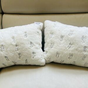 Pair Pillow Silver Faux Fur Embroidered Lumbar Pillow